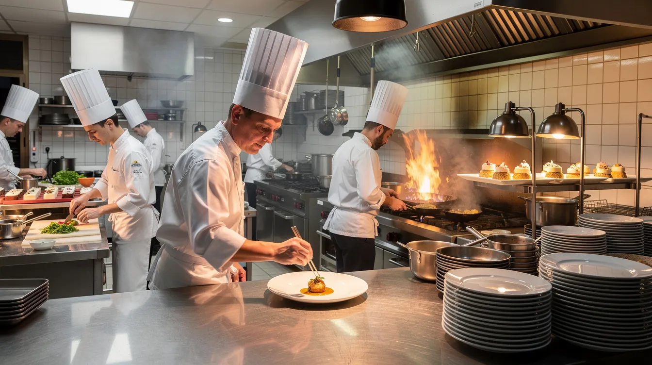 In a bustling hotel kitchen, a diverse team of workers, including Indian professionals, is actively preparing a variety of dishes during a busy service. The scene showcases the dynamic environment of the culinary industry in Slovenia, highlighting the teamwork and dedication required for quality food production.