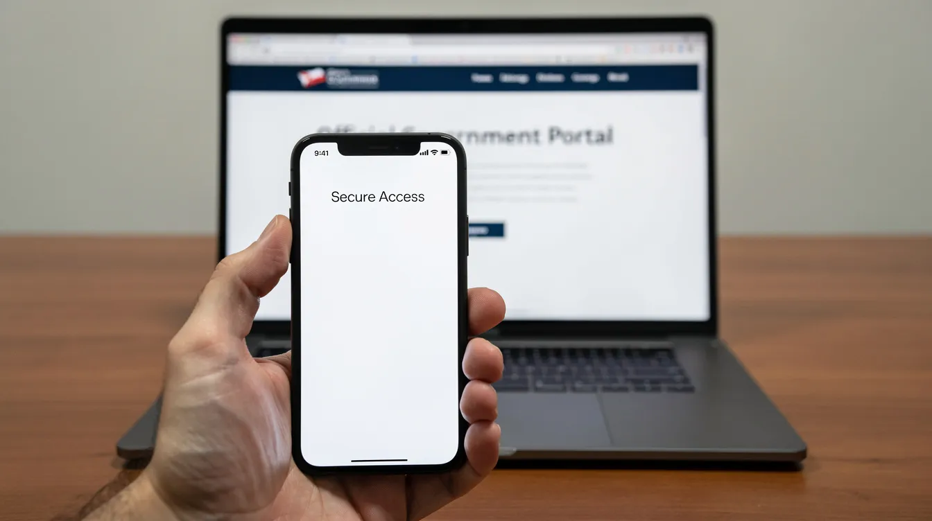A close-up image shows a hand holding a smartphone, while in the background, a laptop displays a government website related to UK visa applications. The scene suggests the process of checking updates or submitting documents, with the potential to find contact information for assistance.