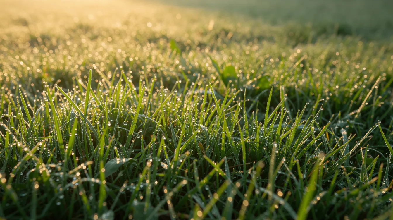 A close-up view of vibrant green grass glistening with morning dew, showcasing healthy growth and strong root development. This lush lawn exemplifies the results of effective lawn care and fertilisation, perfect for establishing a beautiful lawn during the growing season.