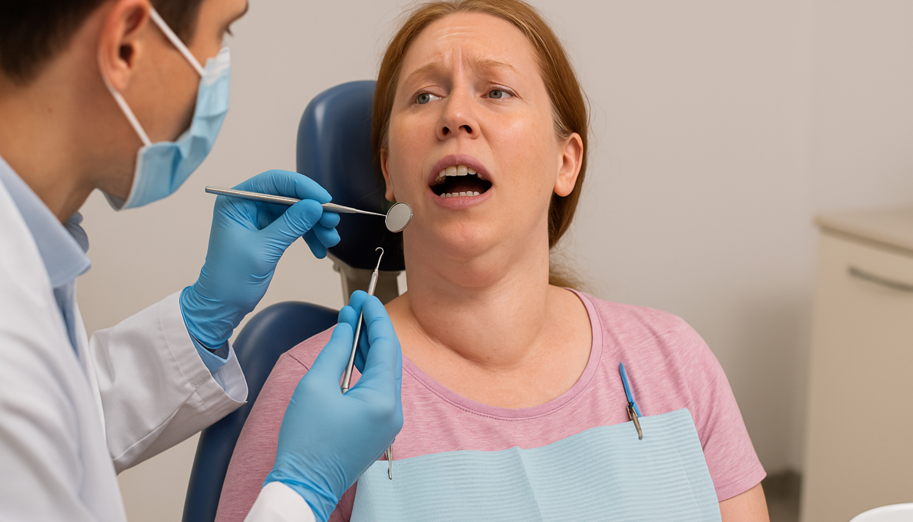 Kvinne med synlig struma i nakken undersøkes hos tannlege under tannbehandling.