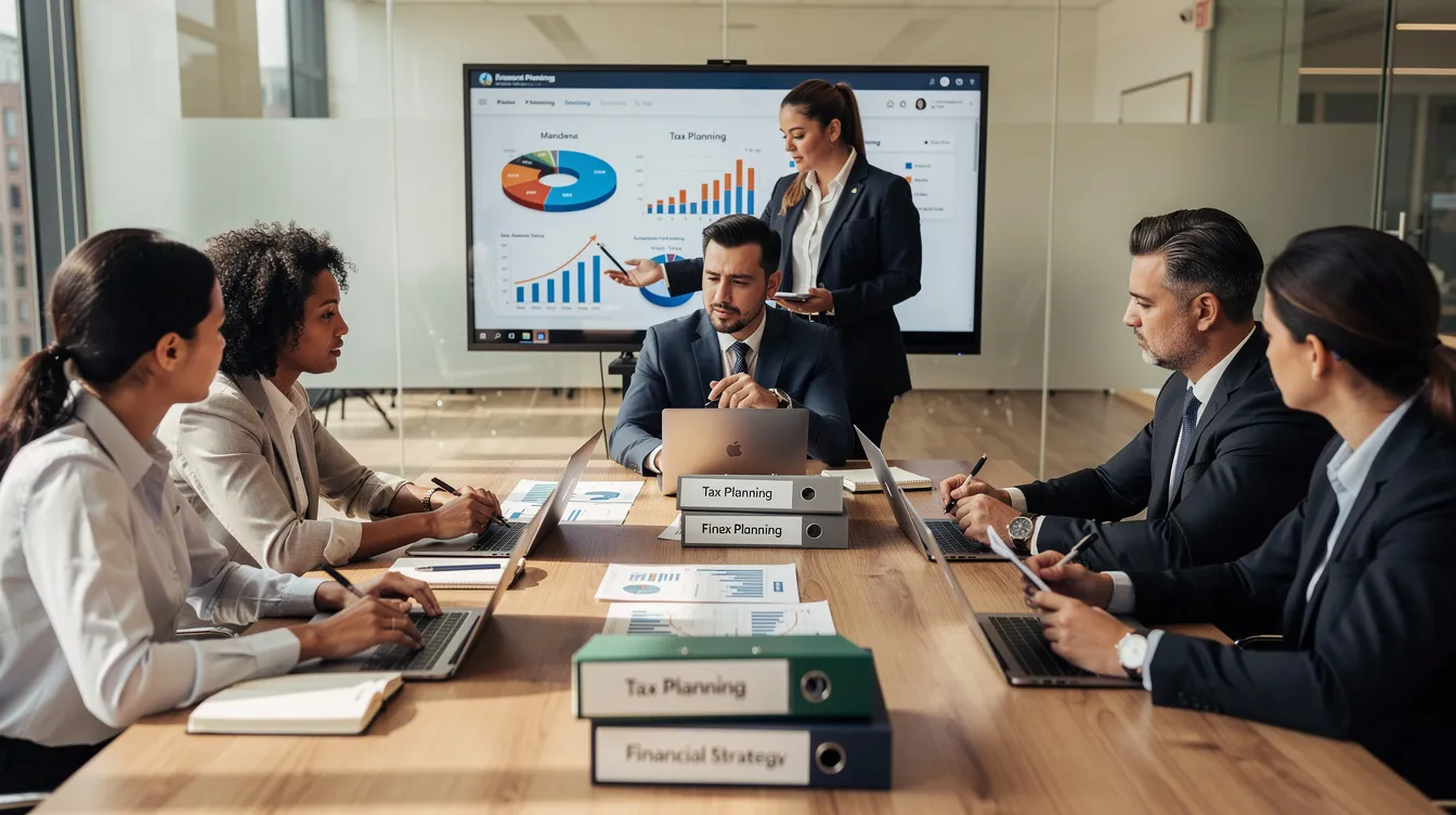 The image depicts a professional meeting between business owners and tax advisors, where they discuss topics such as the employee retention credit (ERC), tax benefits, and the implications of overstated wage expenses on income tax returns. The atmosphere is focused and collaborative, highlighting the importance of understanding tax liabilities and potential refunds for eligible employers.