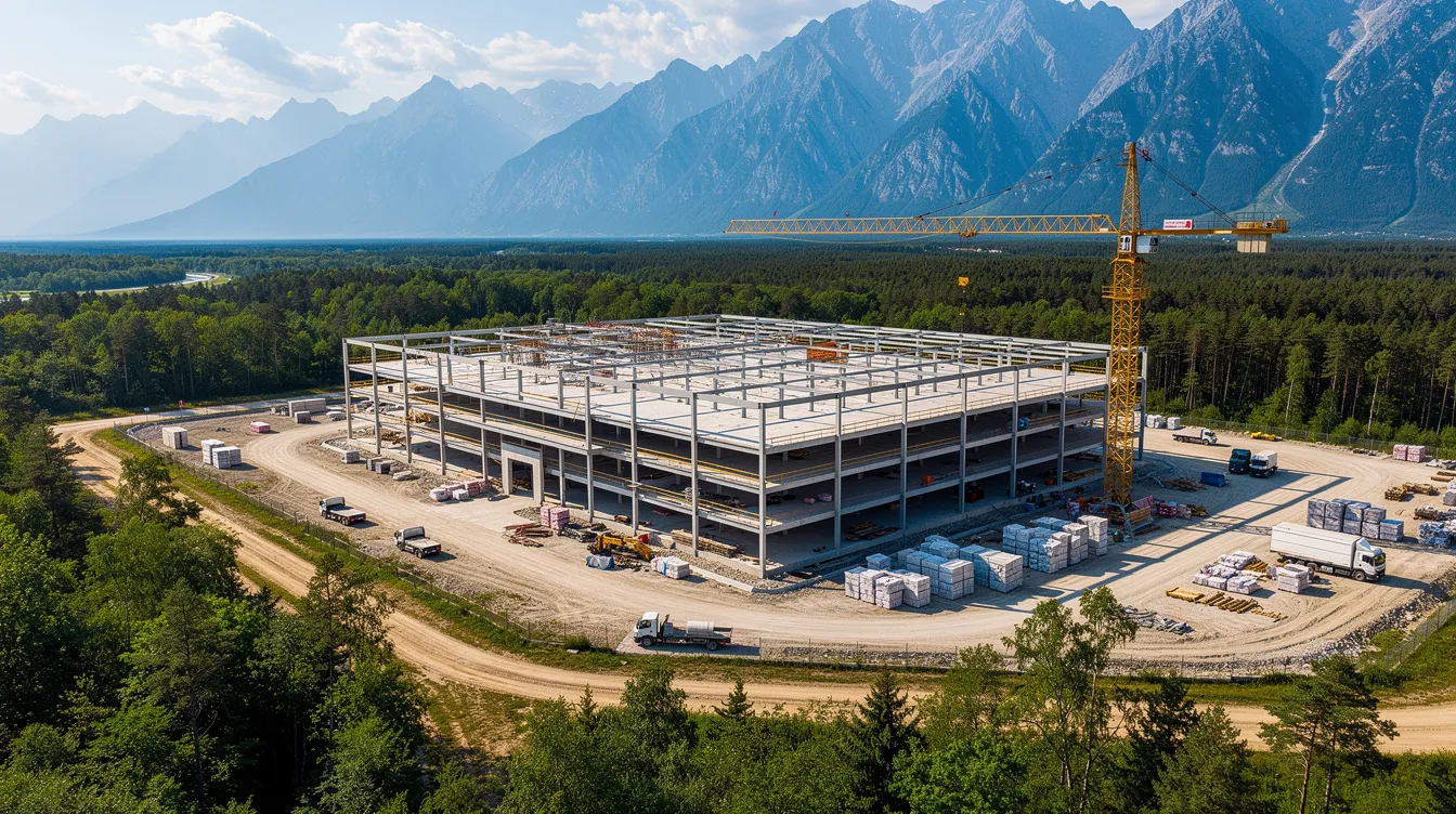 An aerial view showcases a commercial building under construction, nestled among lush trees and majestic mountains. This scene highlights the potential for real estate ventures, where two or more parties might engage in joint venture arrangements to achieve their business objectives.