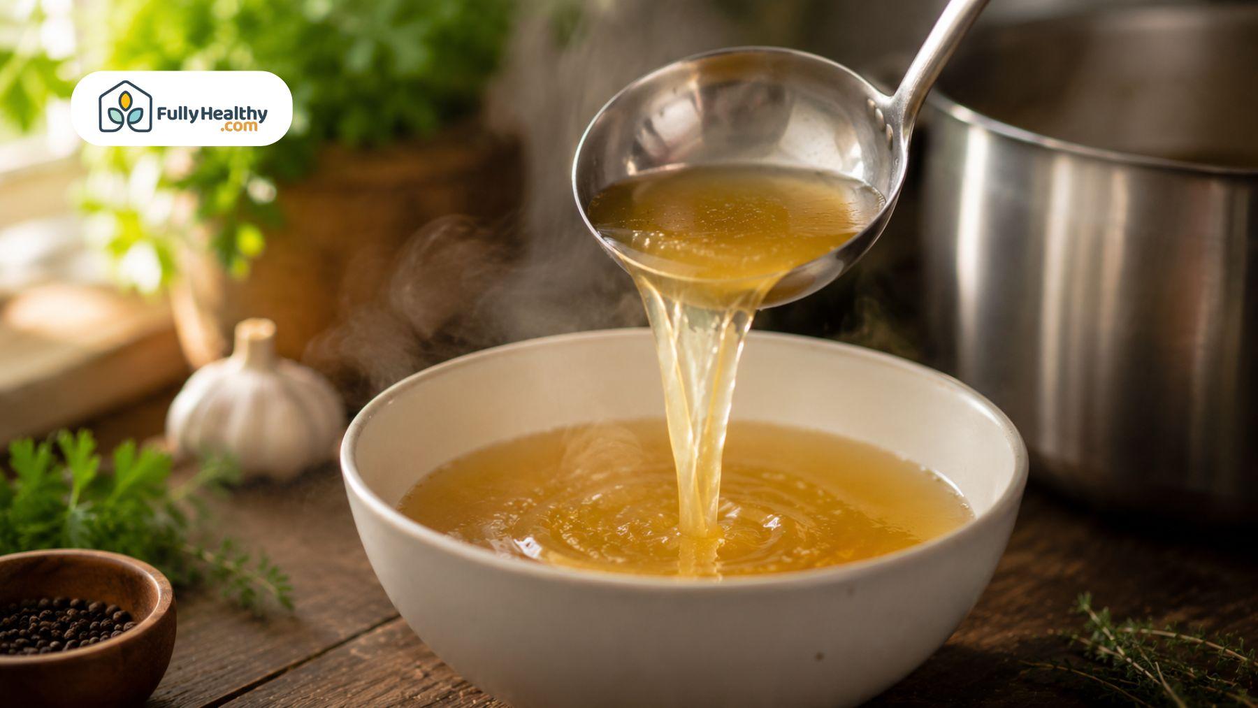 Fresh homemade chicken broth being ladled into a bowl from a stock pot with garlic, herbs, and steam rising.