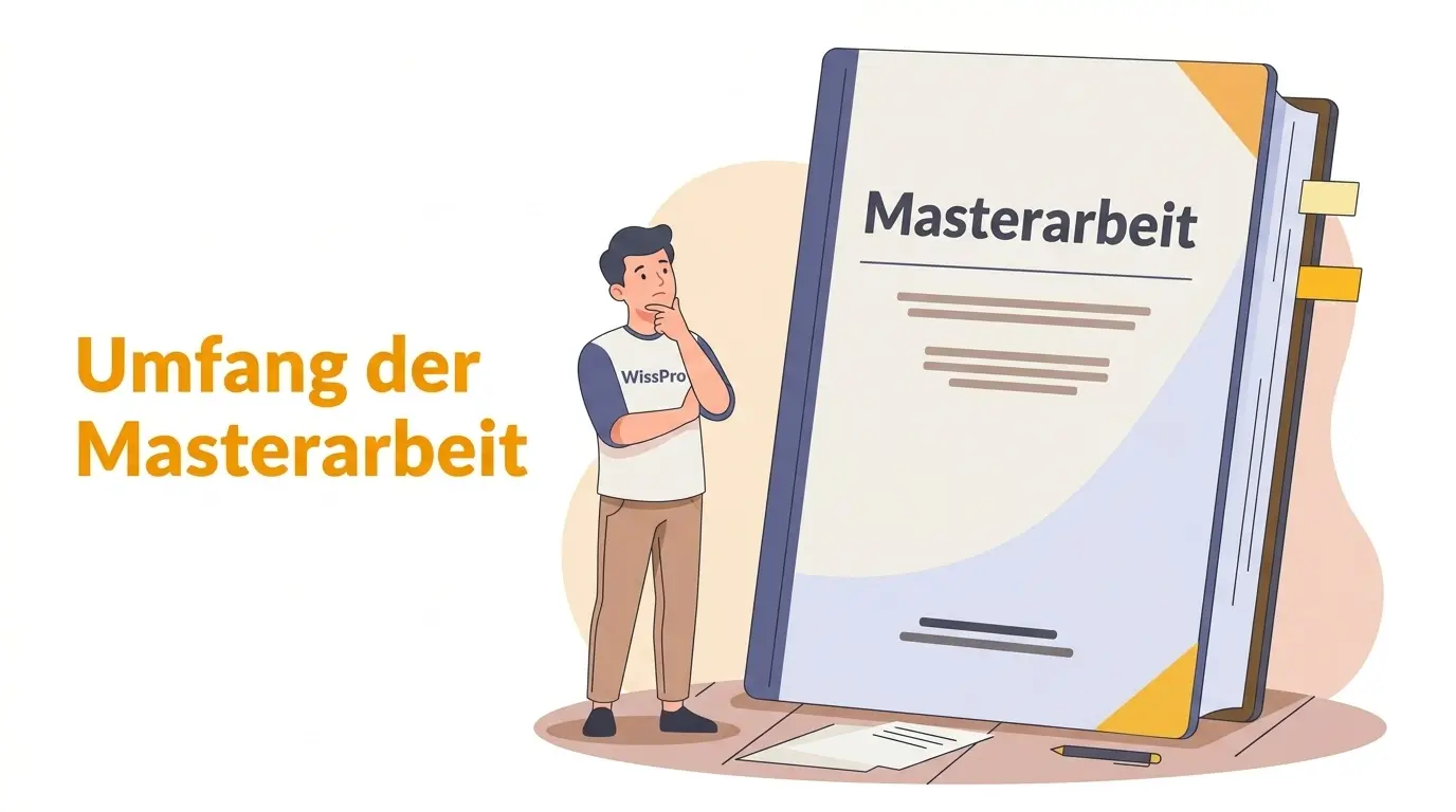Umfang der Masterarbeit: Student neben großem Buch mit der Aufschrift „Masterarbeit“