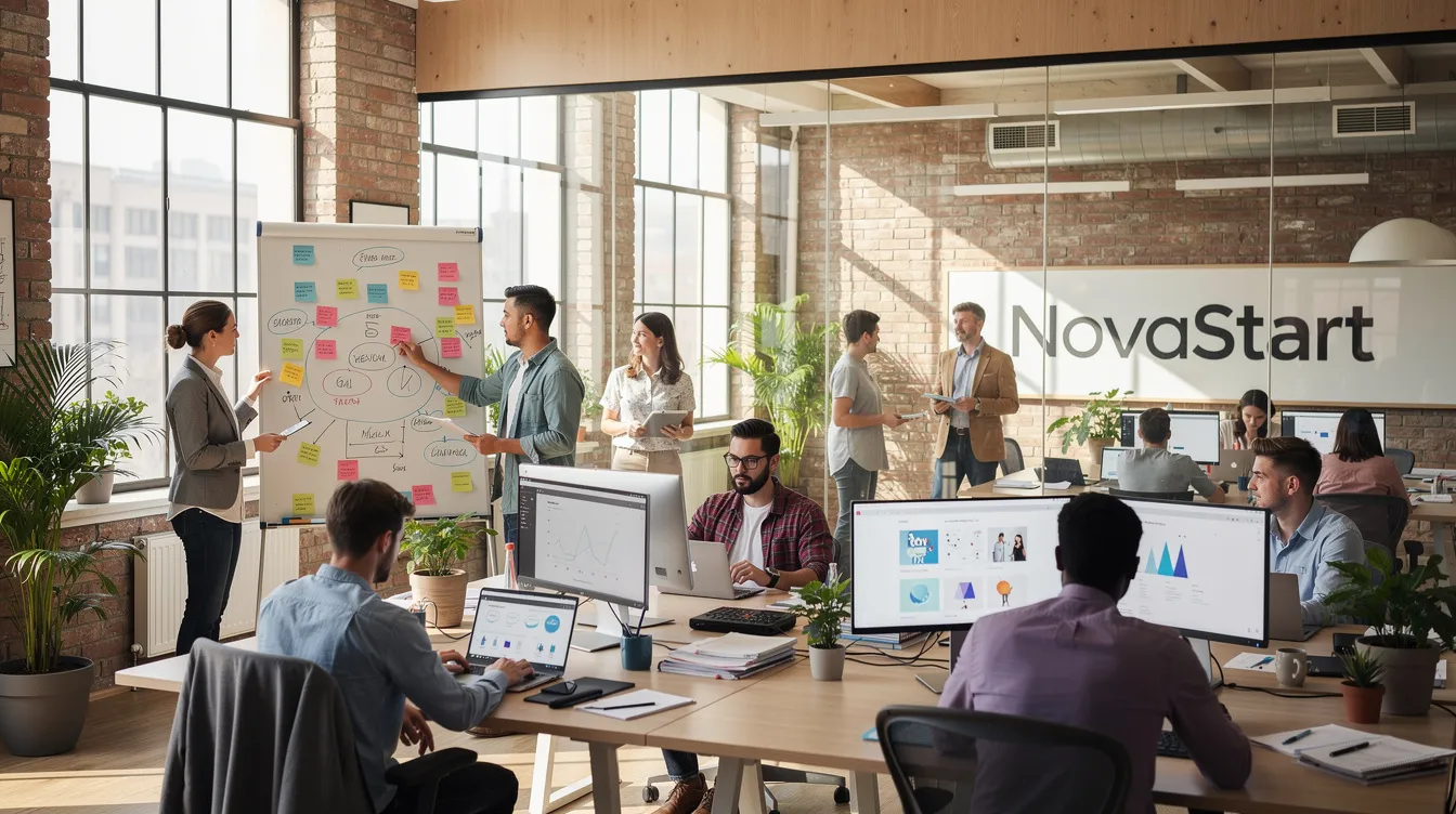 The image depicts a vibrant startup office environment, featuring a diverse team of young professionals collaborating around a large table filled with laptops and financial documents. This scene captures the essence of early stage startups, emphasizing the importance of accurate financial records and strategic guidance in managing cash flow and ensuring the startup's financial health.