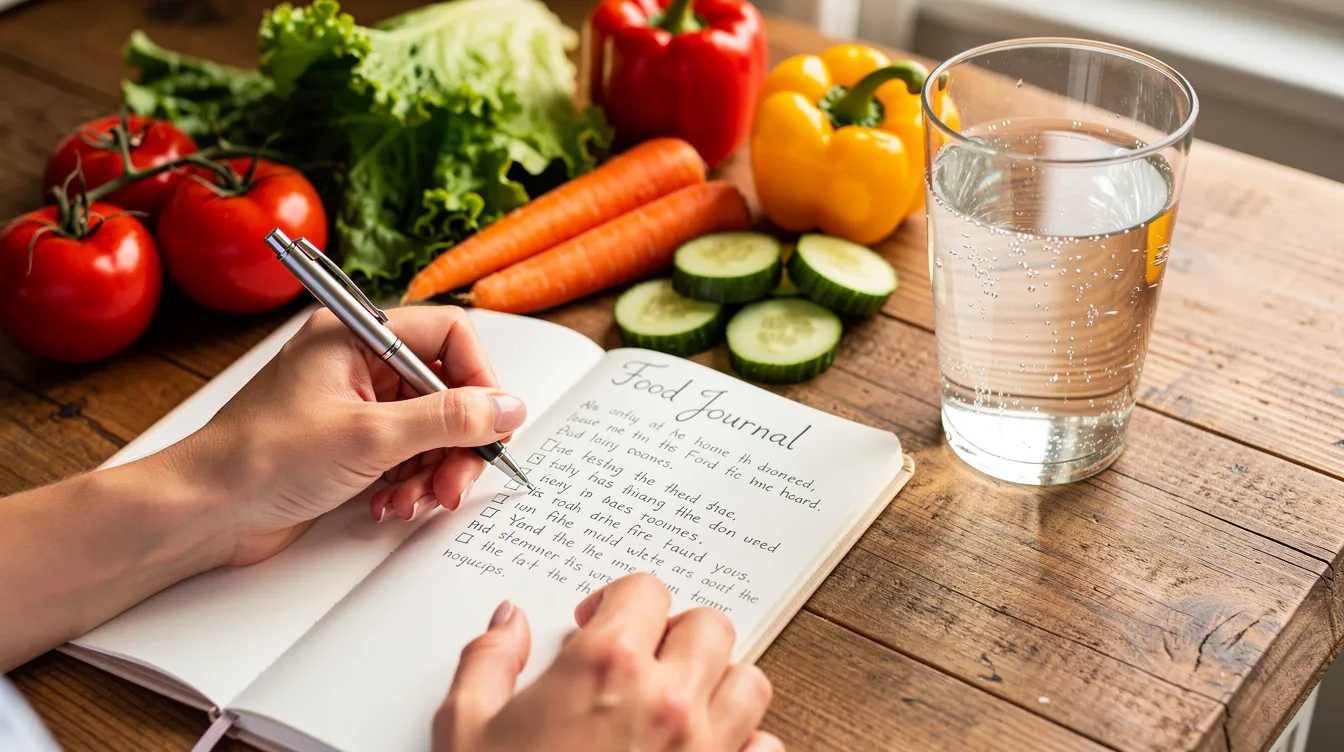 A person is writing in a food journal, surrounded by fresh vegetables and a glass of water on a wooden table, reflecting on their food intake to optimize blood glucose levels and overall health. This mindful practice can help in managing insulin sensitivity and minimizing glucose spikes for better metabolic health.