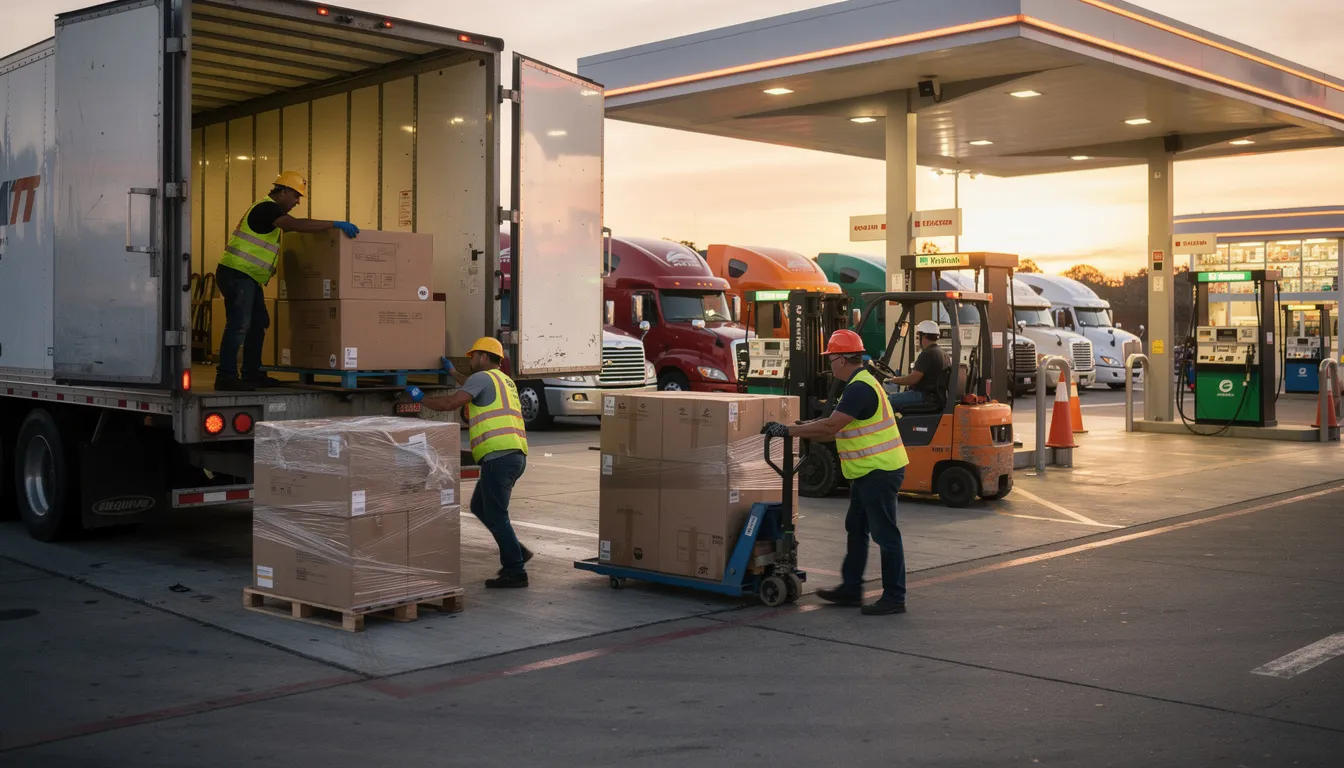 The image depicts transportation workers diligently loading cargo onto trucks at a busy truck stop, showcasing the teamwork involved in handling freight. This scene highlights the importance of workplace safety, as injured workers in such environments may need to seek legal guidance for workers compensation claims related to potential workplace injuries.