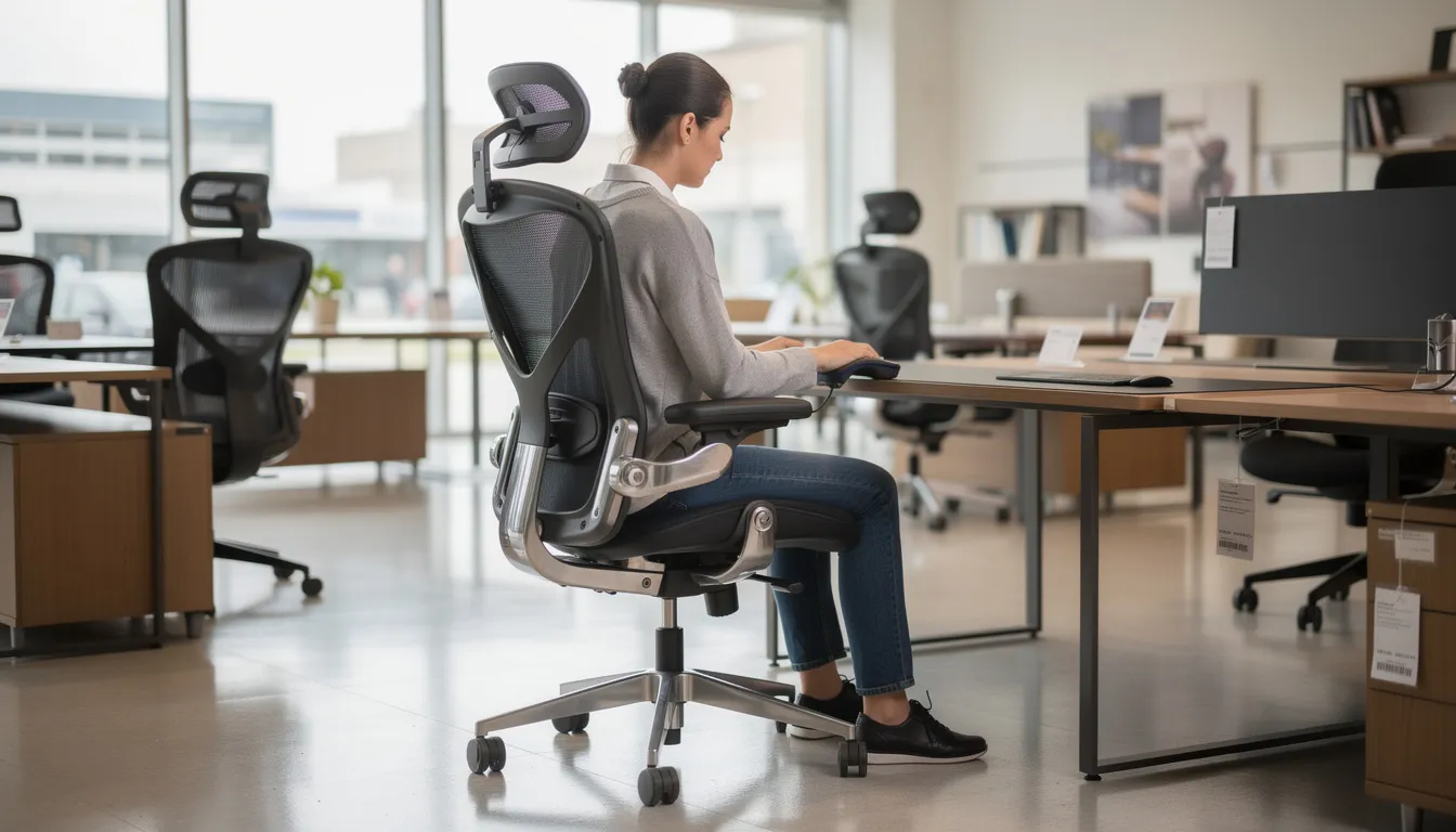 Een persoon test een ergonomische bureaustoel in een meubelshowroom, waarbij de stoel is ontworpen voor een goede zithouding en hoog zitcomfort. De stijlvolle bureaustoel heeft een luxe uitstraling en is verstelbaar, waardoor deze past bij verschillende persoonlijke voorkeuren en werkplekken.