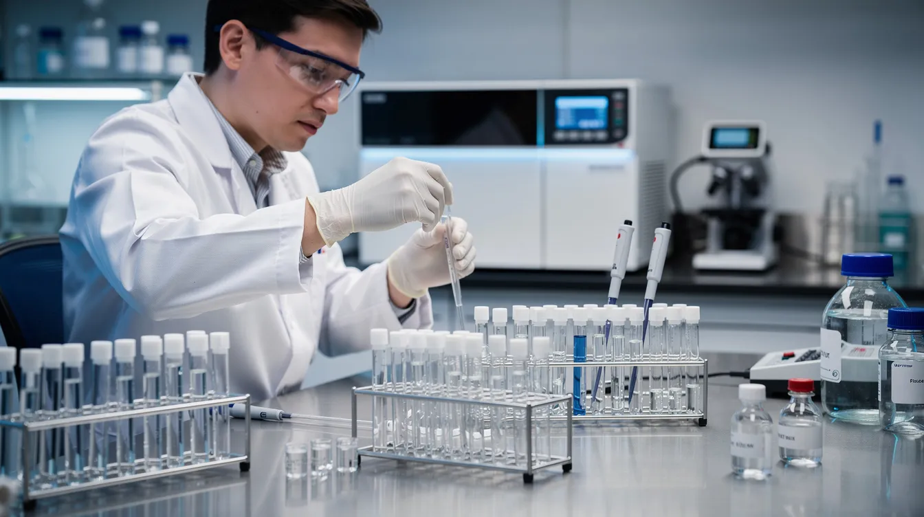 A laboratory scientist is focused on using analytical testing equipment surrounded by glass vials and various instruments, highlighting the importance of testing for hemp products like smokable hemp flower and thca flower. This image reflects the rigorous standards required to meet federal hemp regulations and the evolving legal landscape surrounding intoxicating hemp products in states like Indiana.