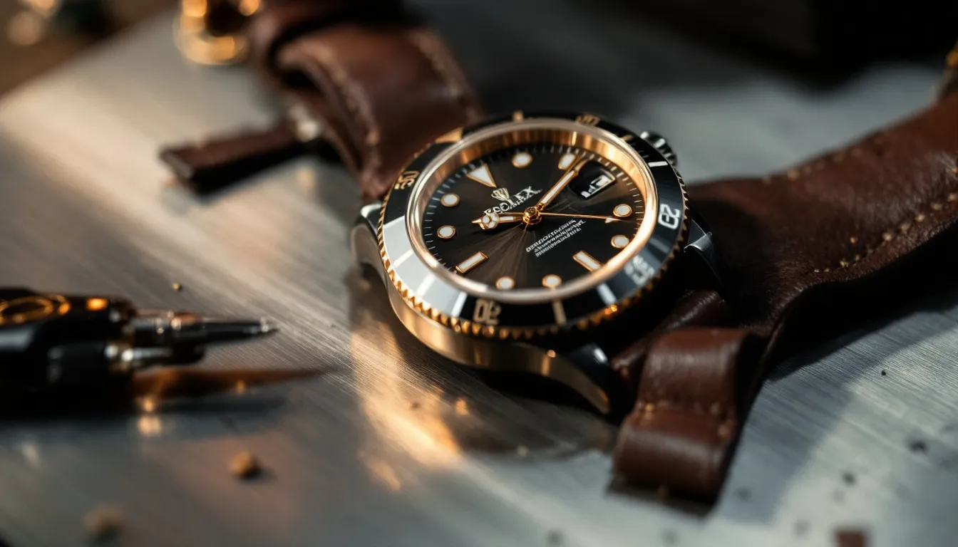 A rolex watch being customized with a new rubber strap.