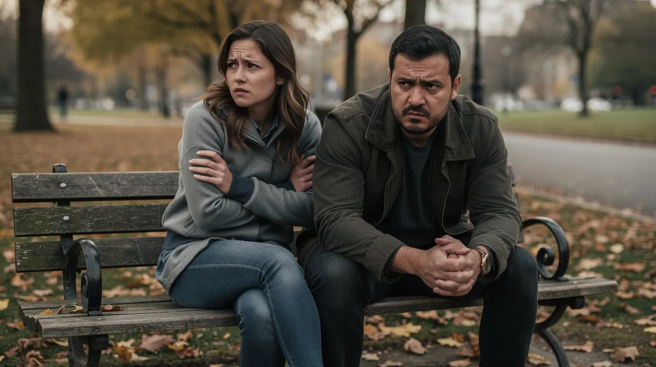 A couple sits frustrated on a park bench, appearing overwhelmed by the challenges of online dating and compatibility scores. Their expressions suggest a longing for meaningful conversation and mutual respect, as they navigate the complexities of finding compatible partners in the dating pool.