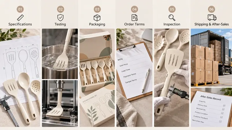 A buyer checklist covering specifications, testing, packaging, order terms, inspection, shipping, and after-sales records.