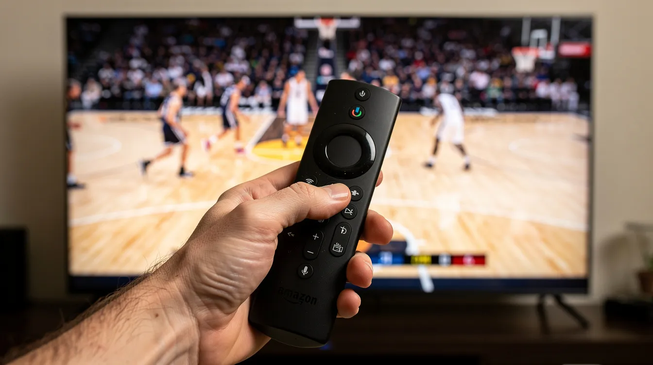A close-up of a hand holding a Fire TV remote, aimed at a television screen displaying a live basketball game, showcasing the excitement of sports channels. The scene captures the essence of sports TV, perfect for fans looking to stream their favorite matches.