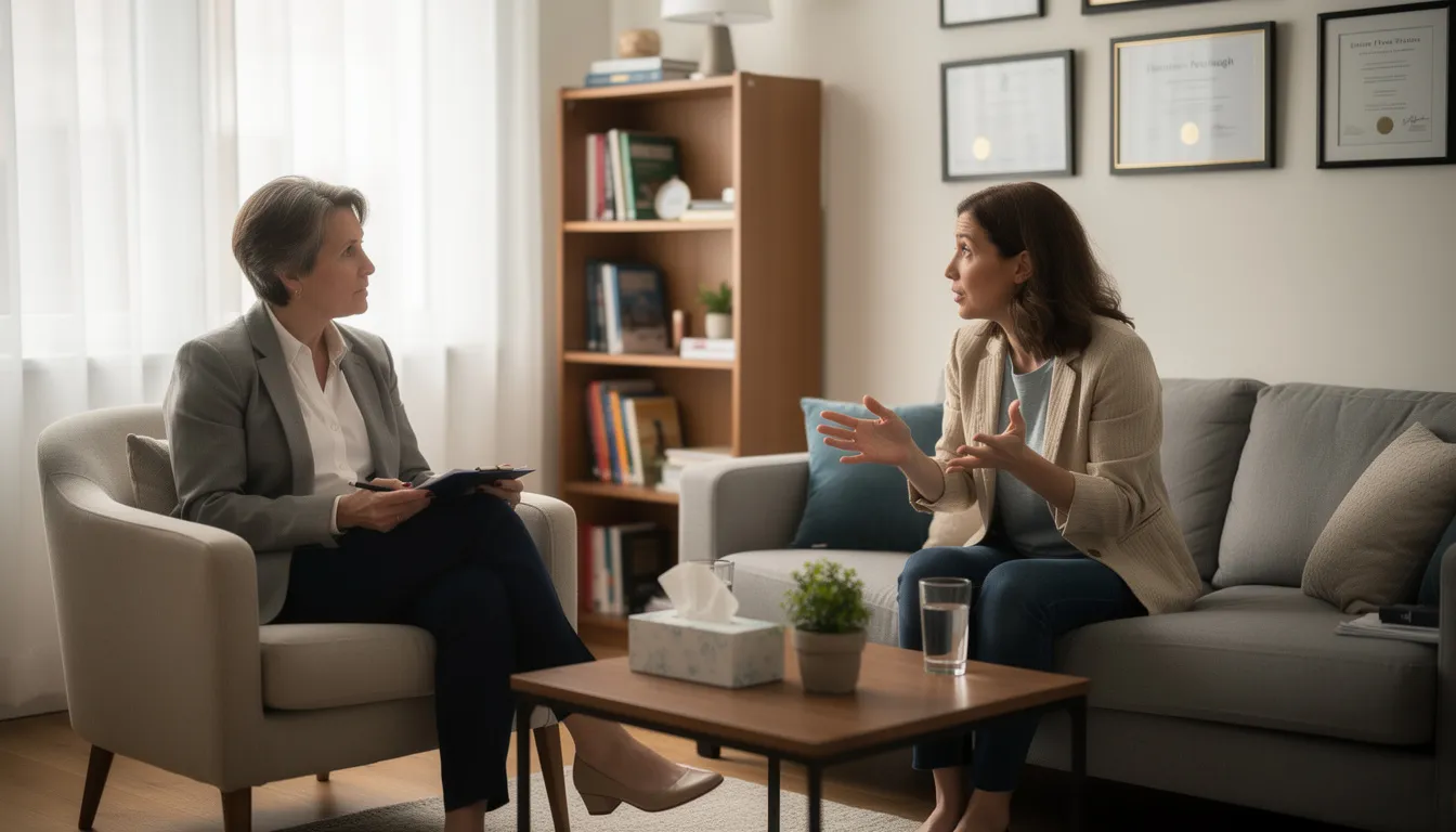 The image depicts a therapist and a client engaged in a supportive conversation in an office setting, highlighting the importance of mental health discussions, particularly related to hoarding disorders and compulsive behaviors. The warm atmosphere suggests a safe space for addressing issues like difficulty discarding possessions and the emotional attachments that contribute to hoarding problems.
