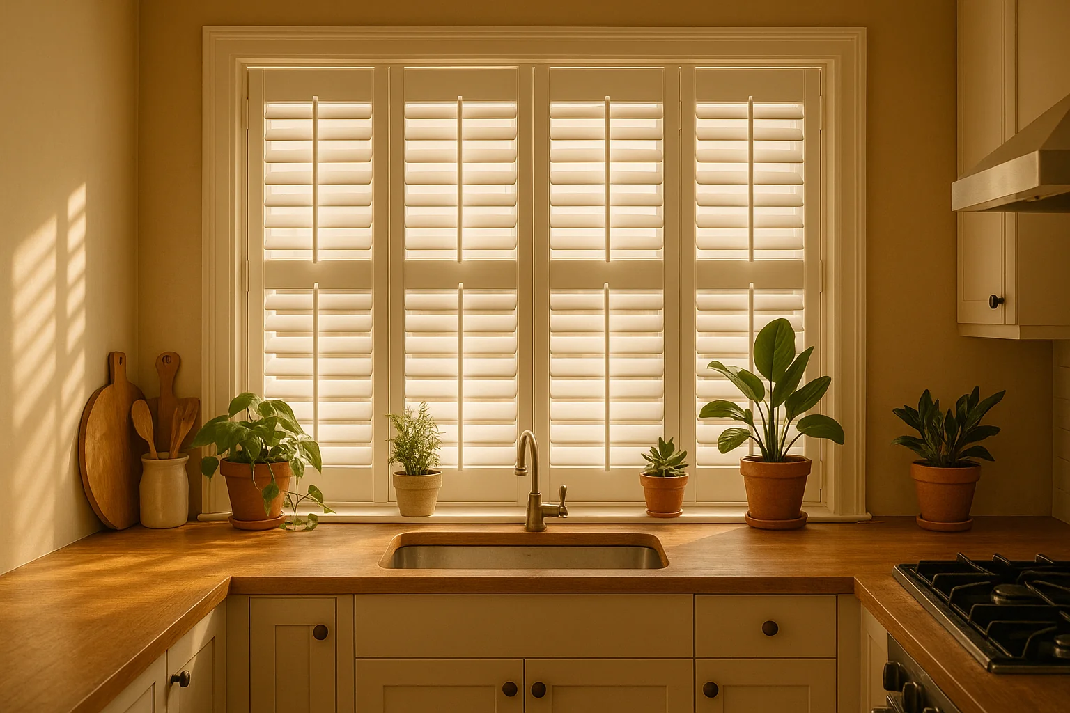 "Café-style shutters fitted on a kitchen window with plants on the windowsill"