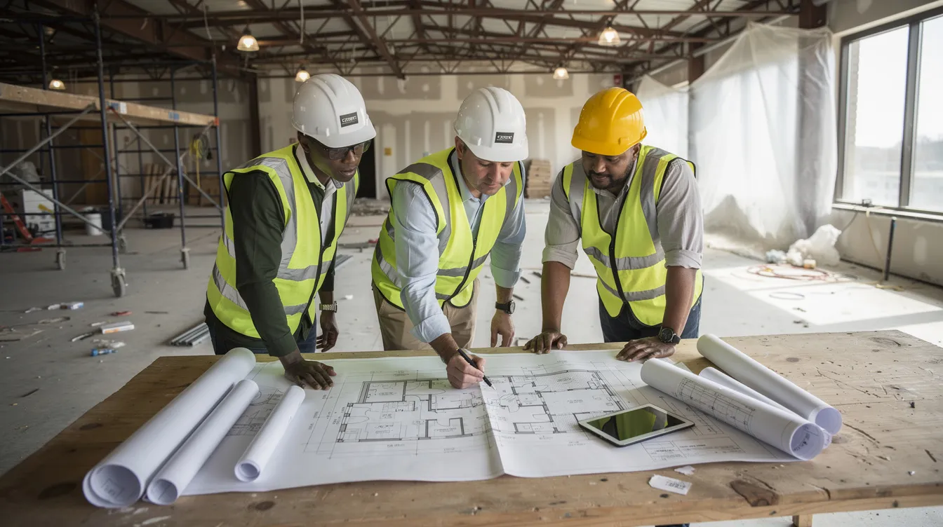 A construction project manager and their team, all wearing hard hats, are gathered at a commercial renovation job site, actively reviewing architectural plans. They are focused on ensuring compliance with energy efficiency standards and the California energy code to improve energy performance in the existing building.