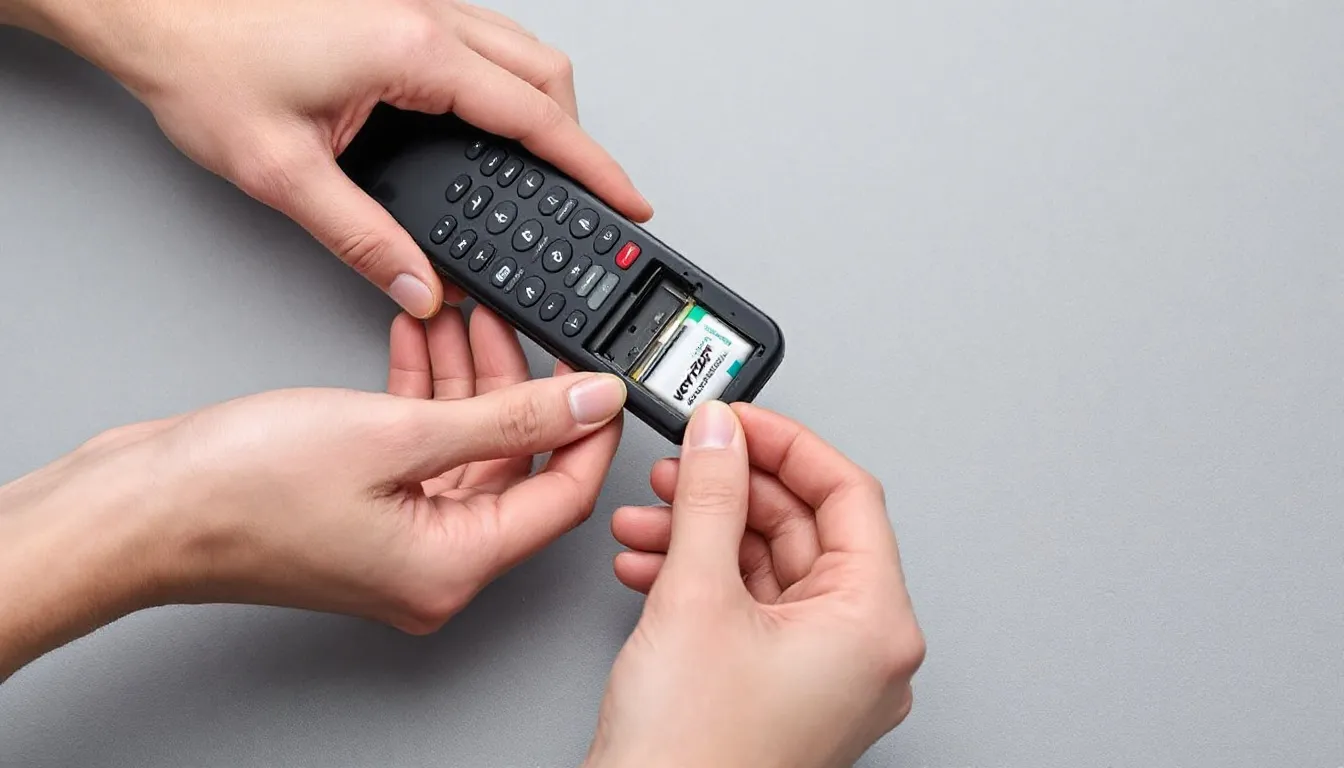 The image shows hands carefully replacing batteries in a Verizon remote control, ensuring the proper positioning for optimal functionality. The focus is on the Fios TV voice remote, highlighting the importance of correct battery installation for seamless remote programming and voice control.