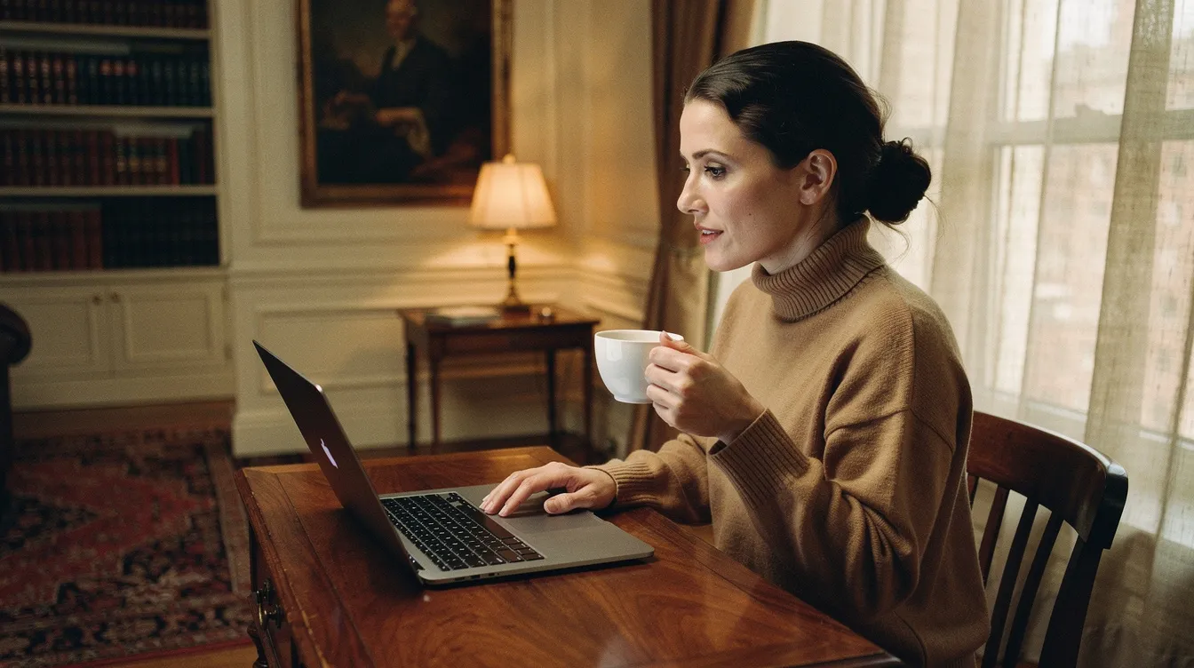 In a sophisticated Upper West Side apartment study, an attractive white woman in her early 30s sits at a walnut writing desk, engaged in a video session. Her warm expression reflects a moment of deep emotional connection, embodying the essence of emotionally focused therapy as she listens intently, surrounded by a cozy atmosphere filled with books and soft lighting.