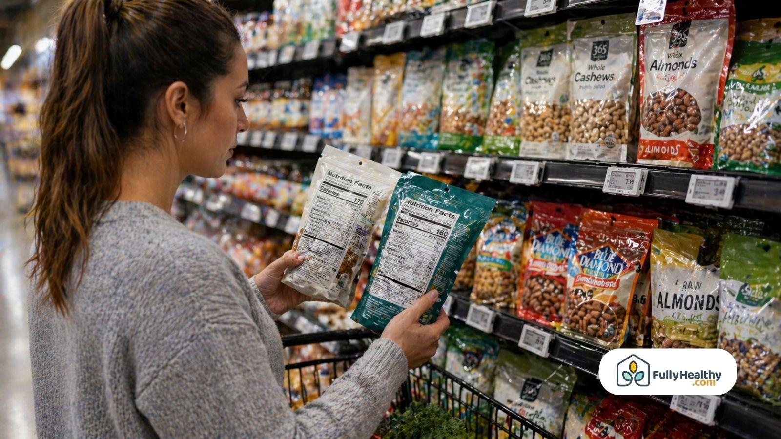 Woman comparing nutrition labels on packaged nuts in grocery store aisle