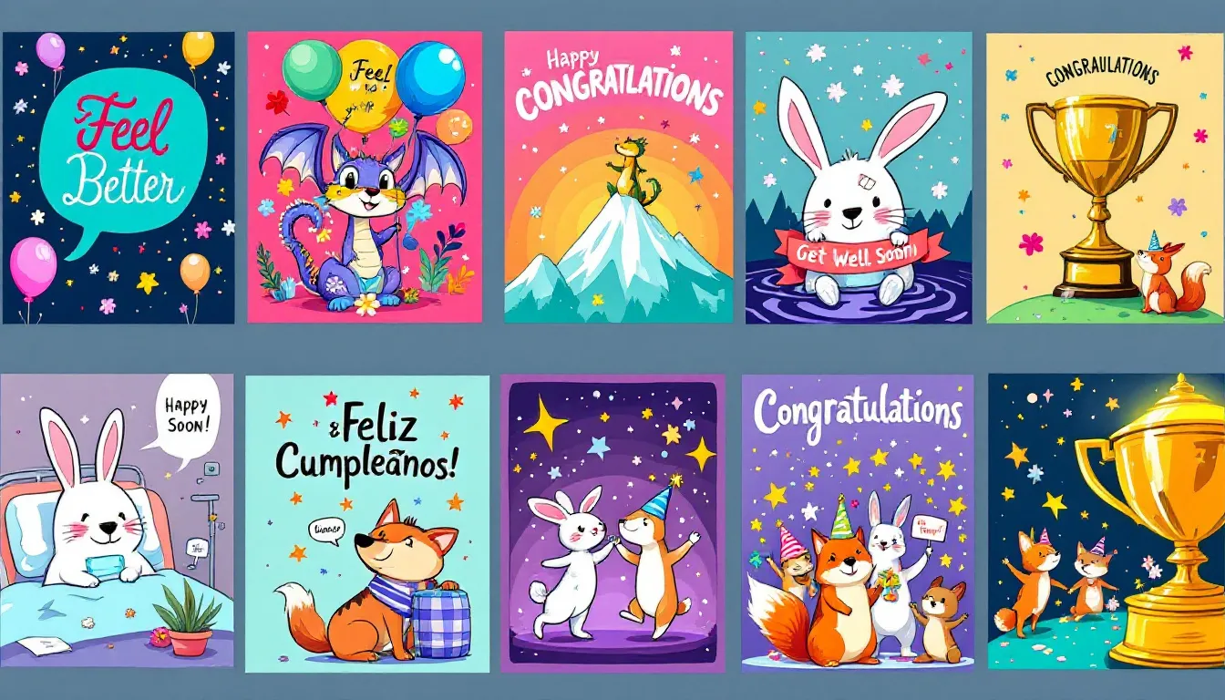 A collection of beautifully designed greeting cards for various occasions.