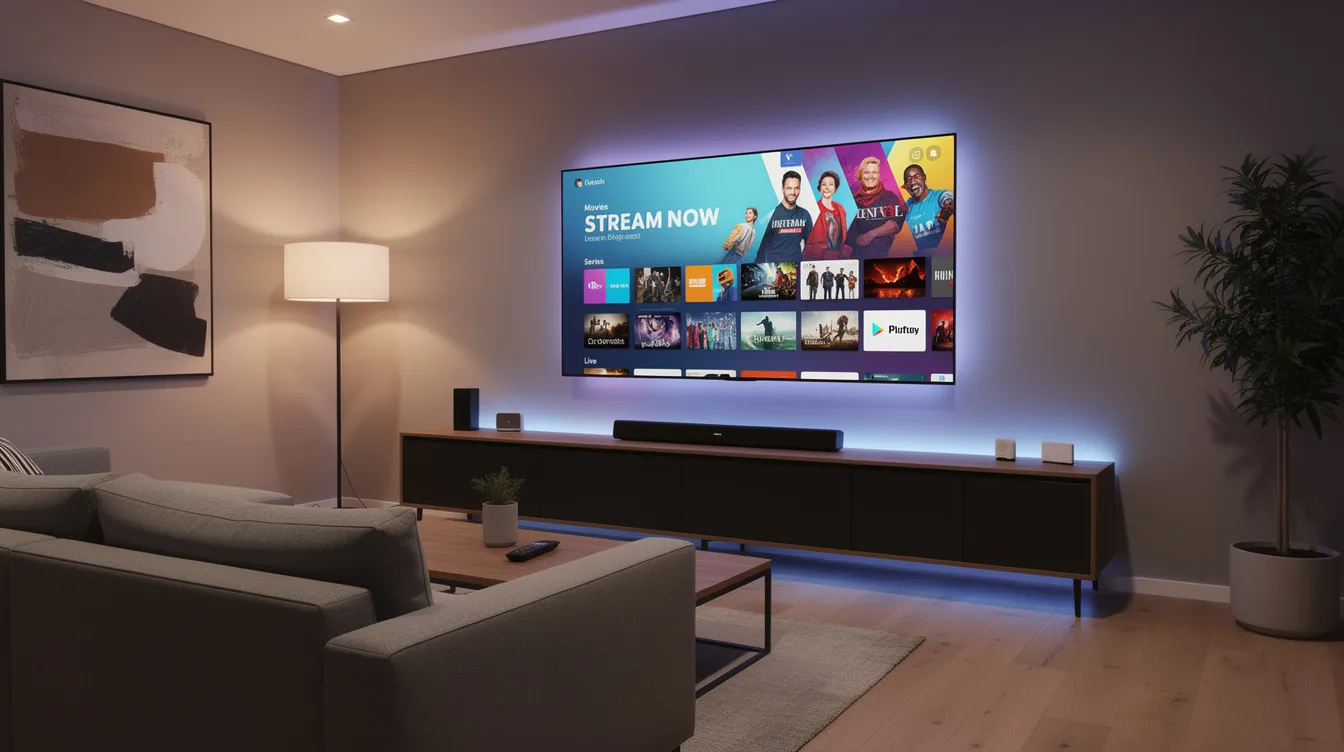 The image depicts a modern living room featuring a large flatscreen TV showcasing a vibrant streaming interface, complemented by ambient lighting and a sleek media console. This setup highlights the convenience of internet protocol television (IPTV) services, ideal for streaming live TV channels and on-demand content with exceptional picture quality.