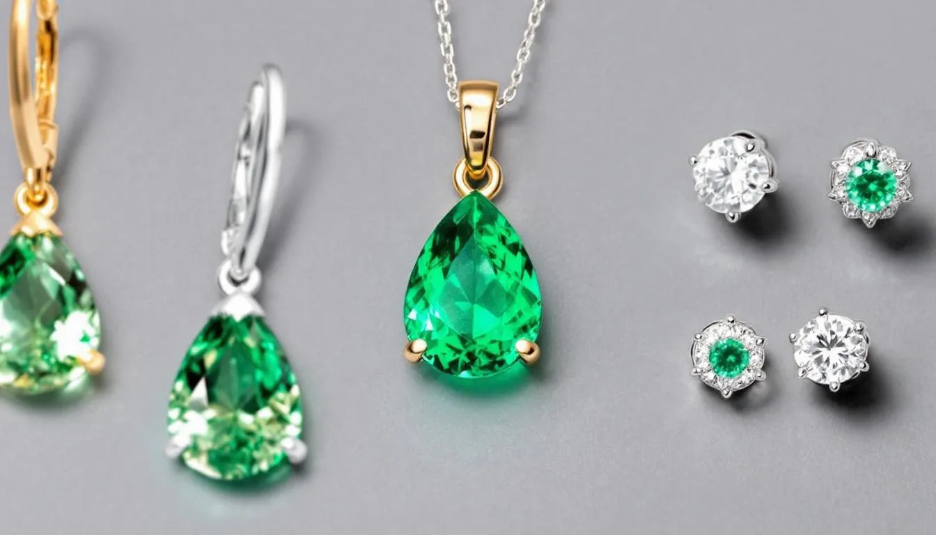 The image showcases a variety of stunning emerald earrings and emerald jewellery, including elegant pairs set in yellow gold, white gold, and sterling silver. This collection features different styles such as hoop earrings and pendants, highlighting the beauty of emeralds as a perfect gift for any occasion.