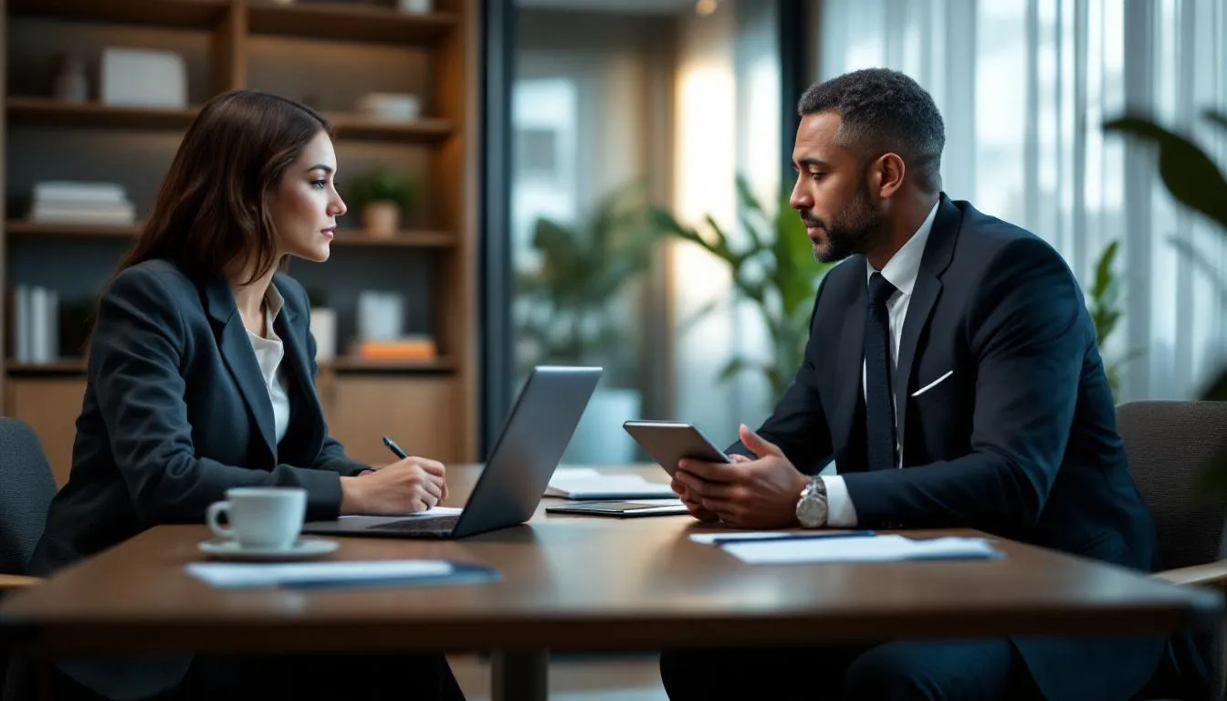 A small business owner is seated at a table with a business loan broker, discussing the intricacies of commercial loans, including eligibility requirements and loan terms. The conversation focuses on how commercial loans work to support business growth and meet the owner's financial needs.
