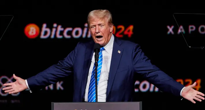 An image showcasing Donald Trump talking at the American Bitcoin Conference.
