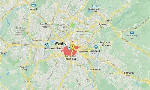 Map of Wagholi Pune showing proximity to IT hubs, airport, Nagar Road, and city hotspots