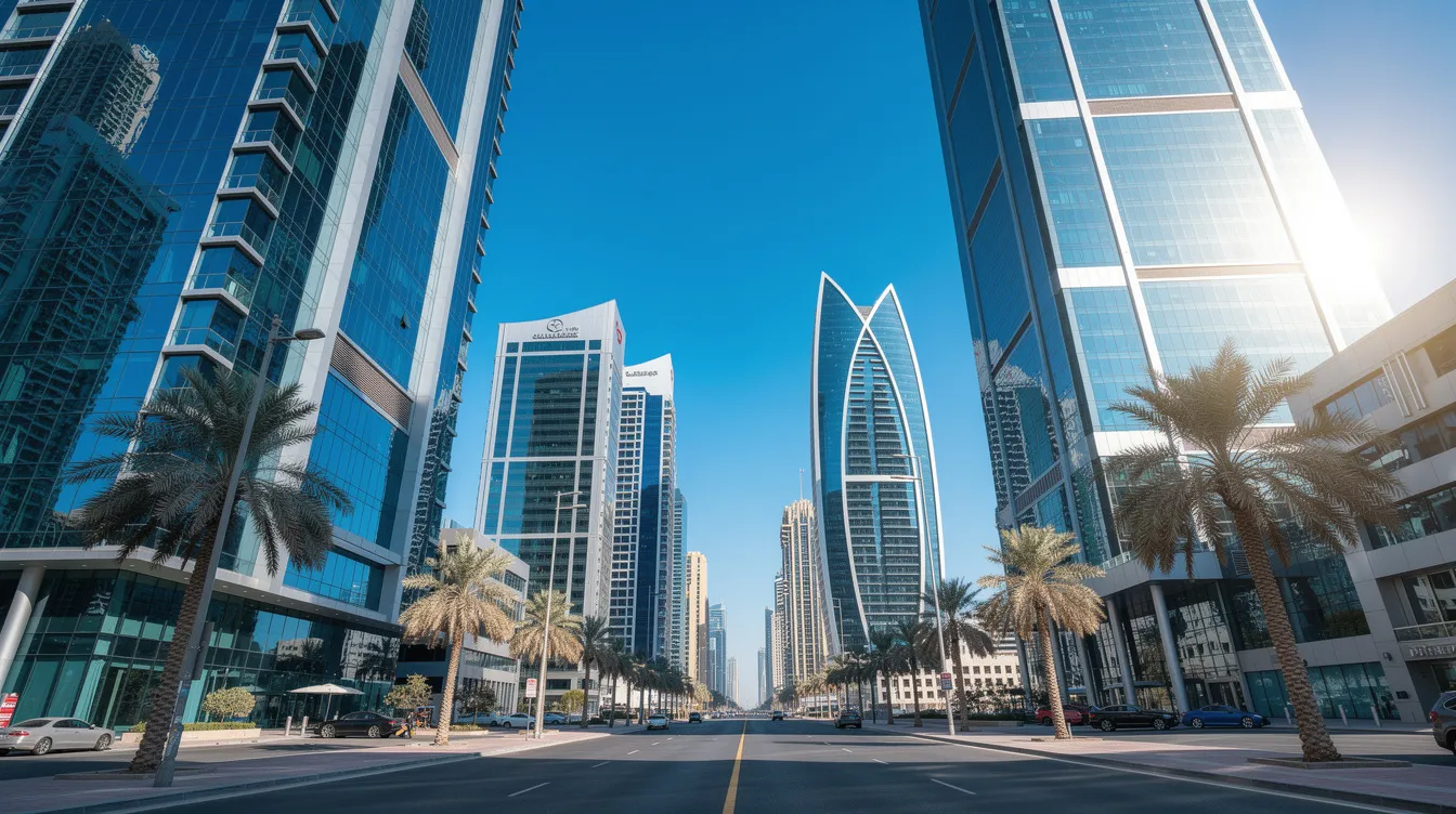 The image depicts modern office buildings in Dubai's Business Bay district, featuring a clear blue sky above. This vibrant urban landscape highlights the area’s significance as a hub for businesses, including trusted partners like ITC Accounting and Tax Consultancy, which offers comprehensive tax solutions to clients in the UAE.
