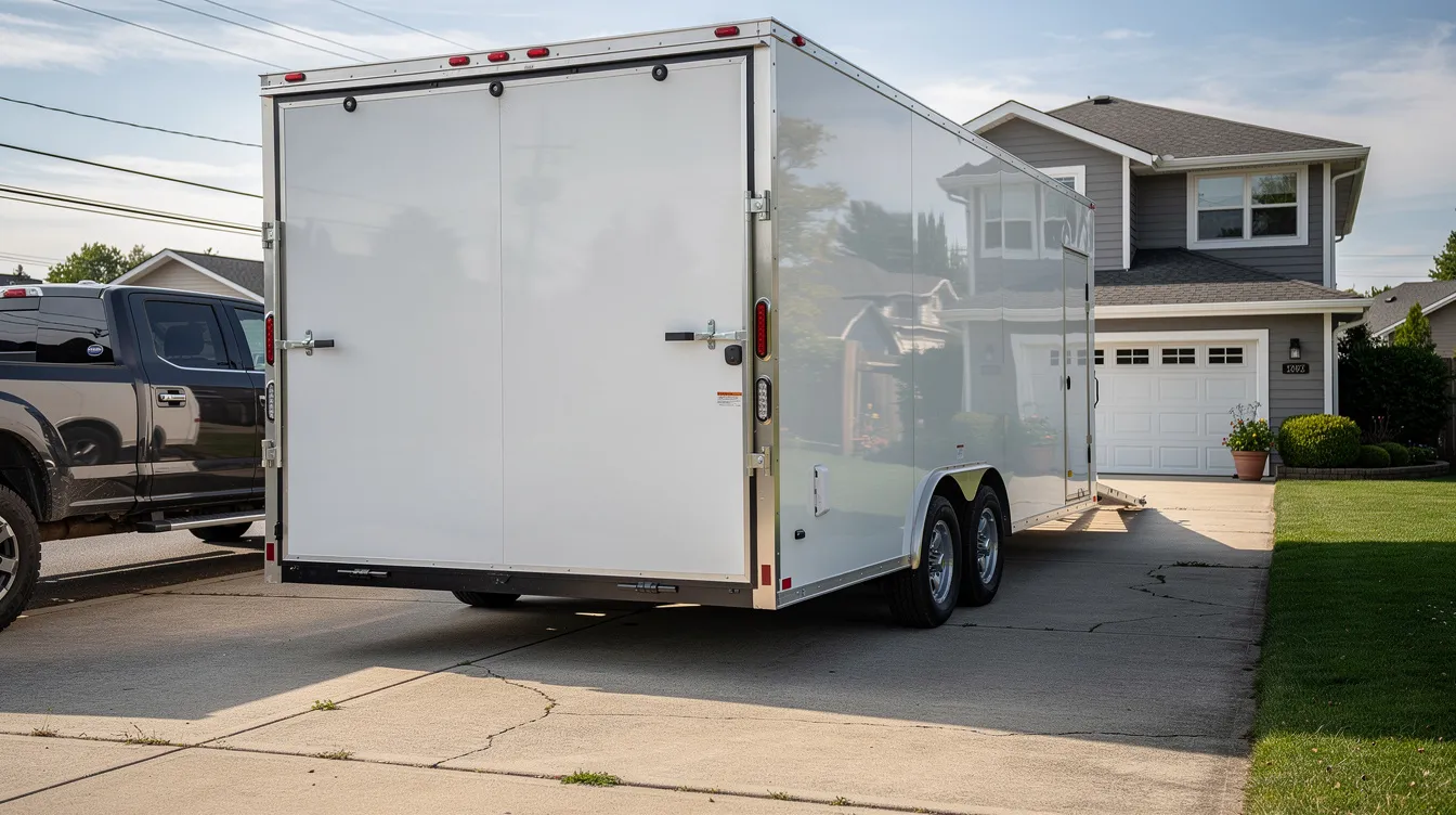 An enclosed auto transport trailer is parked in a suburban driveway, showcasing a secure method for vehicle transport services. This setup highlights the convenience of car shipping for residents looking to ship a car safely and efficiently.