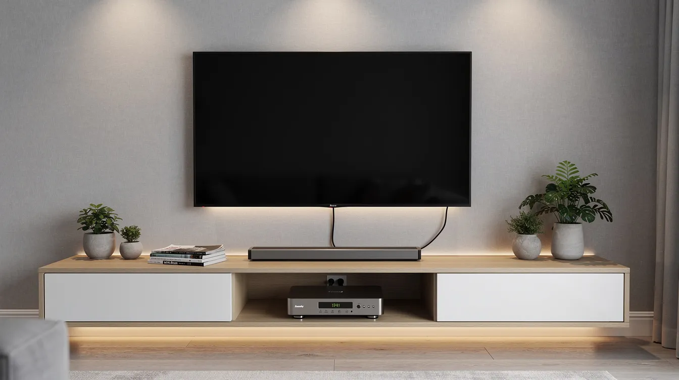 The image features a modern entertainment center showcasing a large flat-screen TV connected to a DSTV Explora decoder, highlighting the sleek design and advanced functionality of the setup. This setup allows access to a variety of HD channels and services, enhancing the home viewing experience.