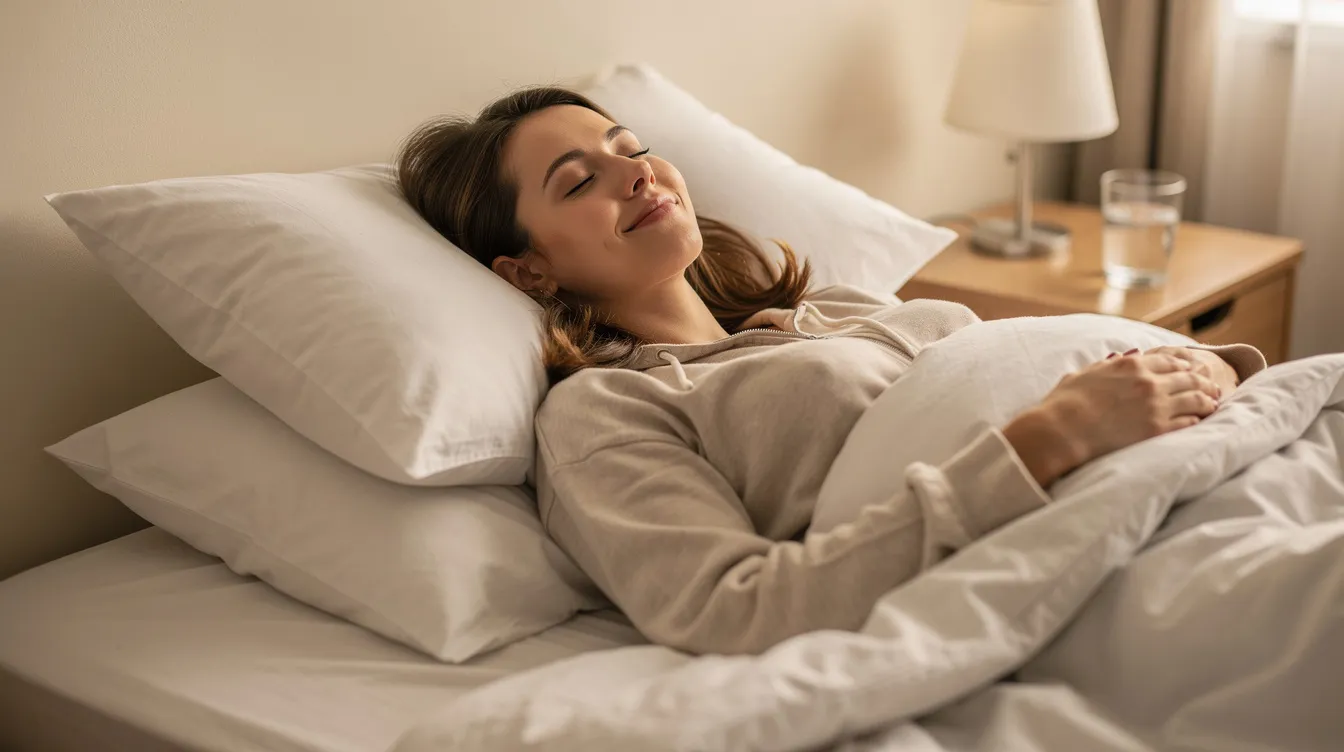 A woman is resting comfortably on elevated pillows in bed, her lips slightly swollen from recent lip filler injections. The initial swelling is a normal part of the lip filler healing process, and she appears calm as she follows proper aftercare to minimize swelling.