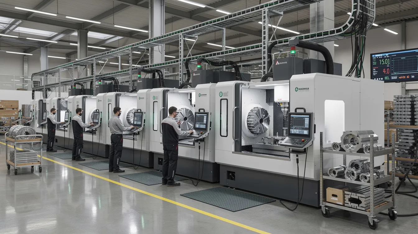 The image depicts a modern factory floor featuring multiple CNC machining centers, including CNC milling machines and CNC lathes, all operating simultaneously to automate machining processes. The environment showcases advanced computer numerical control (CNC) technology, highlighting the efficiency of modern manufacturing methods in producing high-precision metal parts.