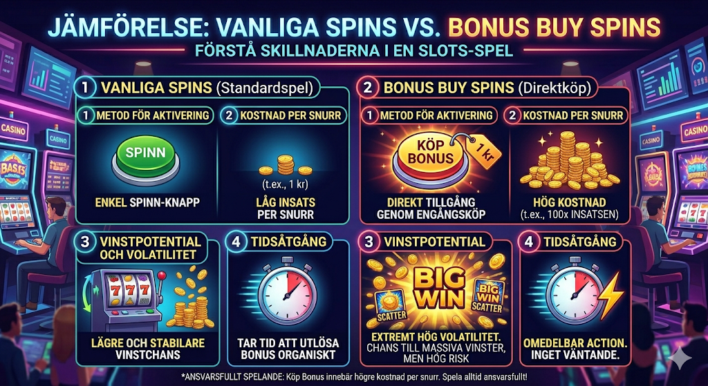 Jämförelse mellan vanliga spins och bonus buy slots – kostnad, risk och vinstpotential