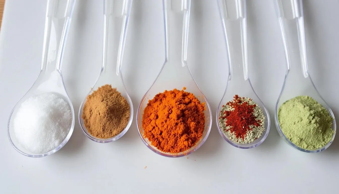 In the image, a set of clear plastic measuring spoons is displayed, each filled with different types of colorful powders, showcasing their lightweight and durable design. These non-toxic spoons are ideal for cooking, adding convenience and versatility to any kitchen or dining experience.