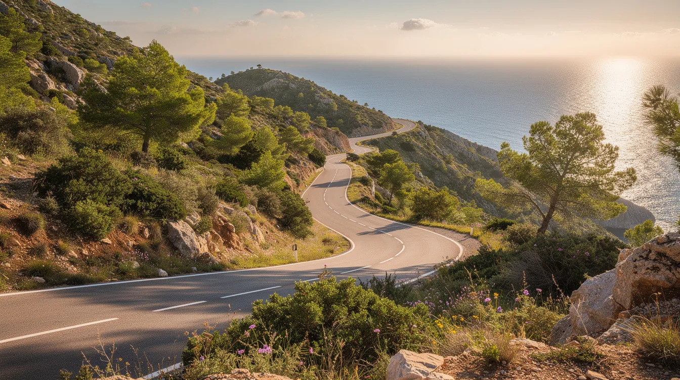 A winding mountain road with views of the Mediterranean Sea in the distance.