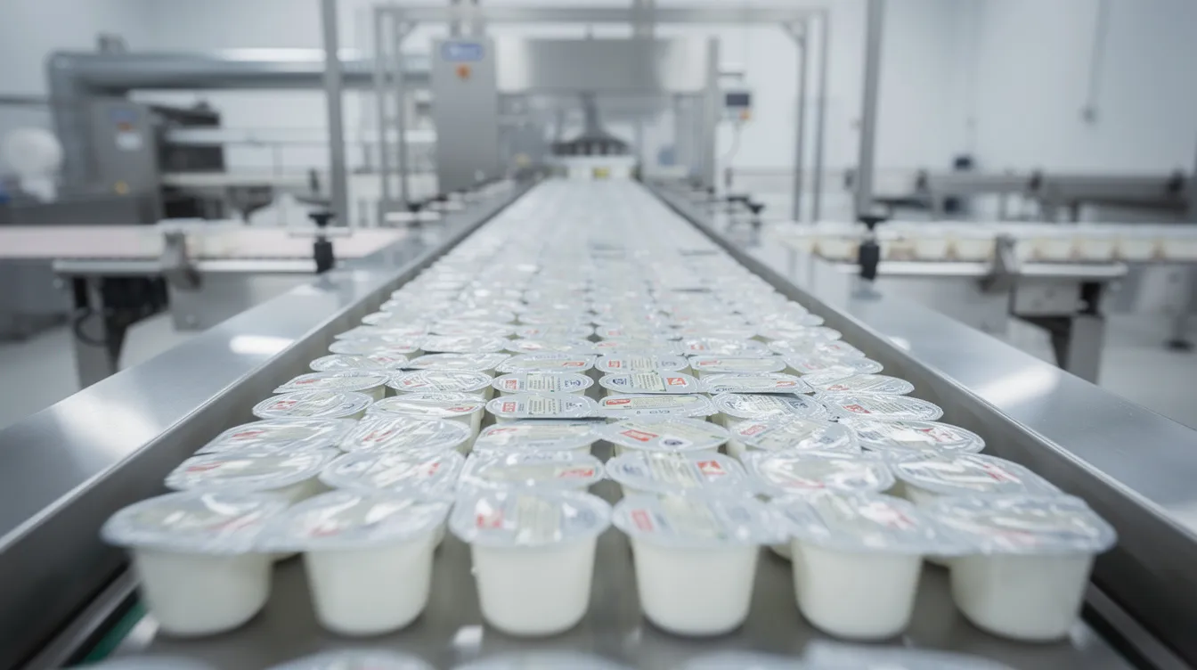 2b04183d ee34 48b9 b229 212a5f0cf3f3 The image shows rows of filled dairy product cups moving along a stainless steel conveyor belt in a milk processing plant, highlighting the efficient packaging process within the dairy industry. This scene emphasizes the production of value-added dairy products, showcasing the modern dairy processing equipment used to ensure quality and safety in processed milk products.