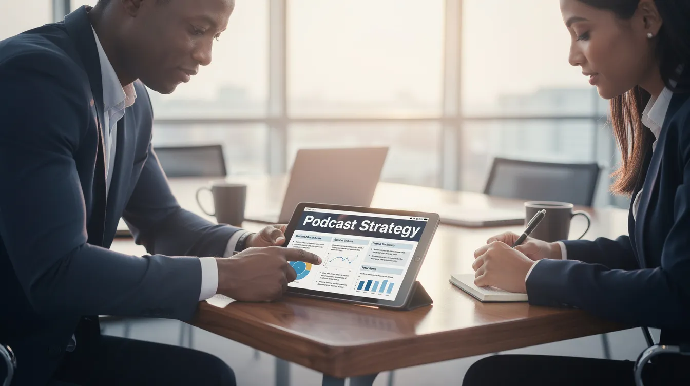 Two professionals are seated at a table, focused on reviewing a podcast strategy document displayed on a tablet, which likely includes details about podcast launch services and features of various podcast hosting platforms. The scene reflects a collaborative effort to enhance their podcasting project and engage their audience effectively. Two professionals are seated at a table, focused on reviewing a podcast strategy document displayed on a tablet, which likely includes details about podcast launch services and features of various podcast hosting platforms. The scene reflects a collaborative effort to enhance their podcasting project and engage their audience effectively.