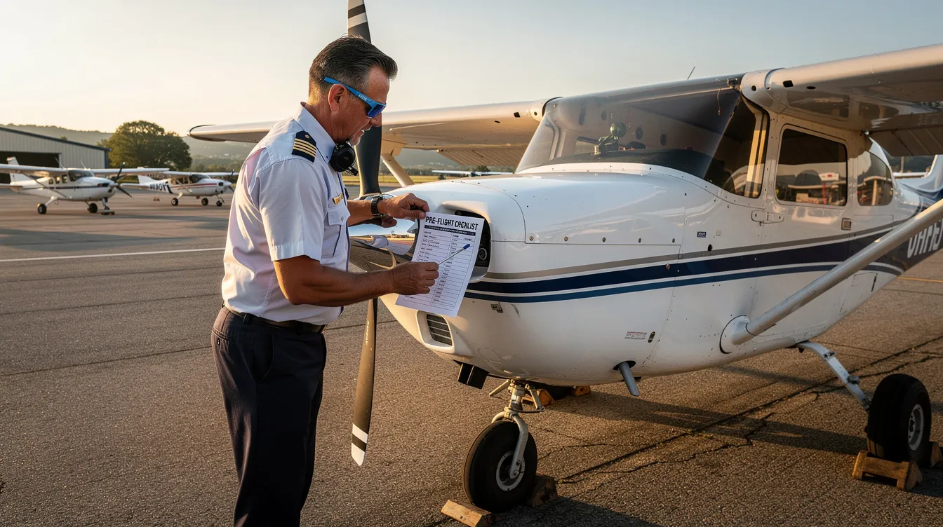 A private pilot, holding a checklist, is performing a preflight inspection of a small aircraft, ensuring all systems are ready for a safe and efficient operation. This inspection is a crucial part of flight training, particularly for those seeking their private pilot certificate.