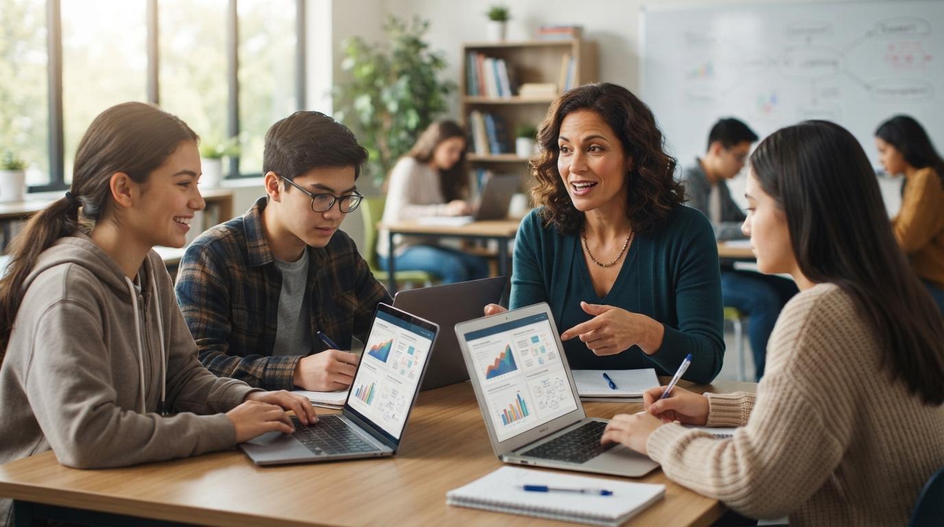 Photorealistic educator discussing AI learning platform options with students using laptops in a modern classroom, emphasizing informed educational decision-making, natural lighting.