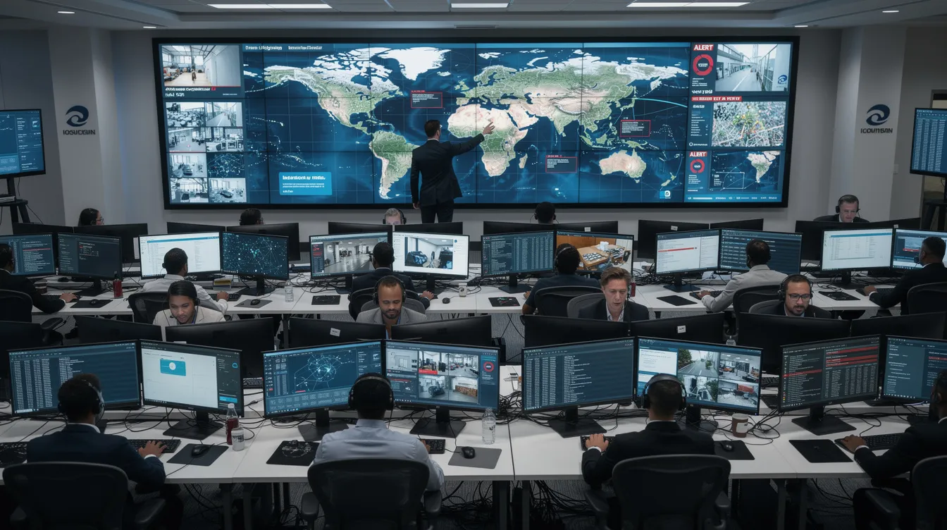 The image depicts a bustling security operations center where analysts are intently monitoring multiple screens during a high-alert situation, highlighting the critical role of skilled cybersecurity professionals in addressing the growing cyber threats and the global cybersecurity workforce shortage. The atmosphere conveys urgency and the need for effective incident response amidst the challenges of the cybersecurity skills gap.