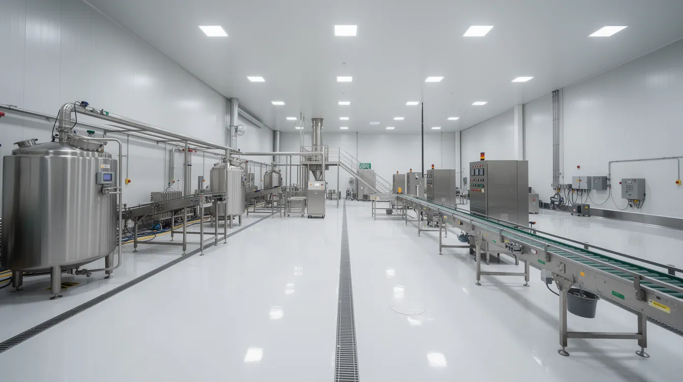 2b0982c9 9cac 4239 9c02 86eb6e41a221 The image depicts the interior of a large food-grade industrial building, featuring stainless steel processing equipment amidst hygienic white walls and floors, typical of a milk powder manufacturing plant. This clean and organized environment is essential for the dairy processing industry, ensuring quality control in the production of milk powder and other dairy products.