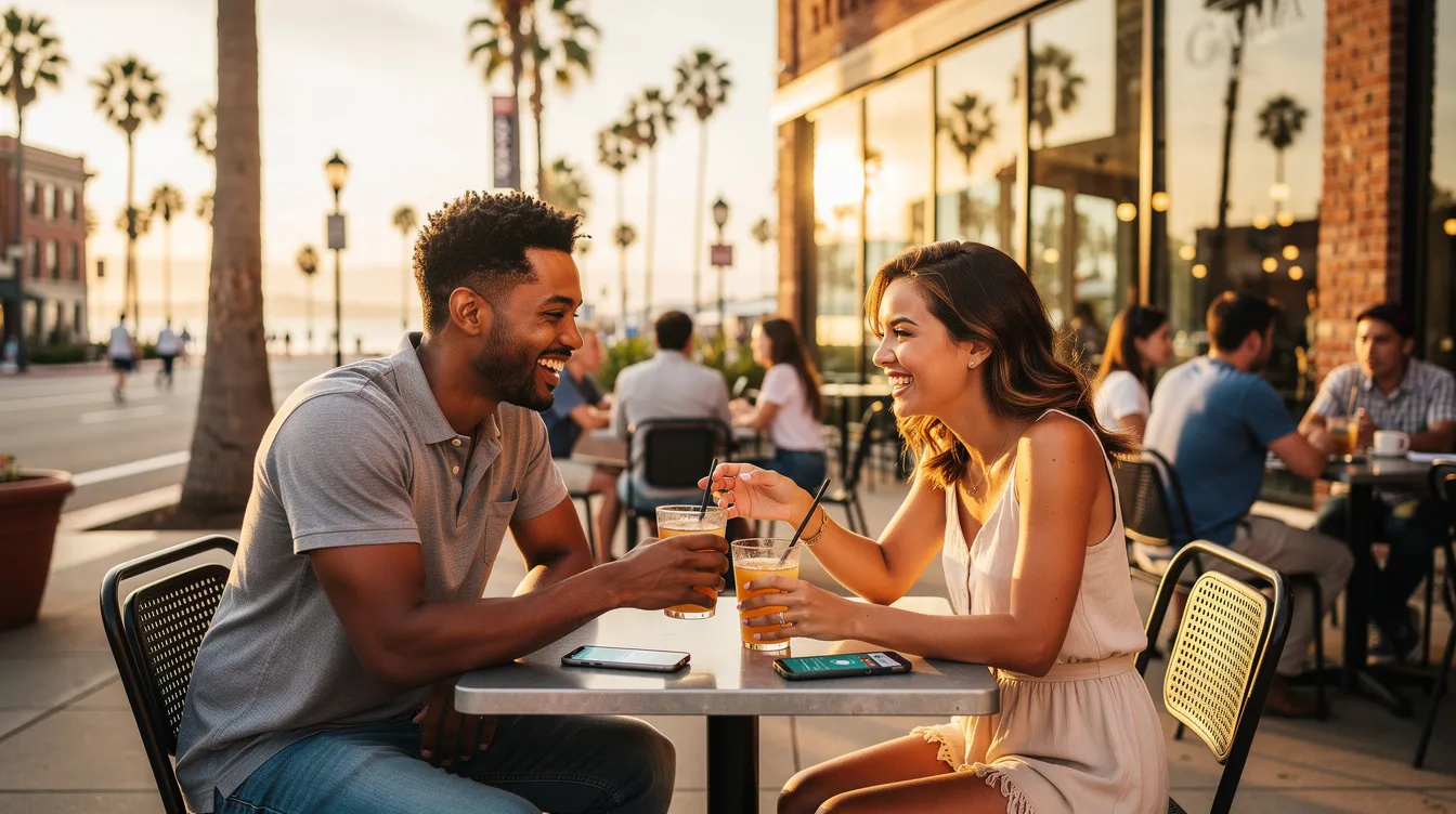 An inviting scene of a couple enjoying a romantic evening in San Diego's Gaslamp Quarter, surrounded by vibrant nightlife, restaurants, and shops, perfect for meeting singles and exploring the dating scene. The ambiance is lively with music and laughter, creating an exciting atmosphere for a first date.