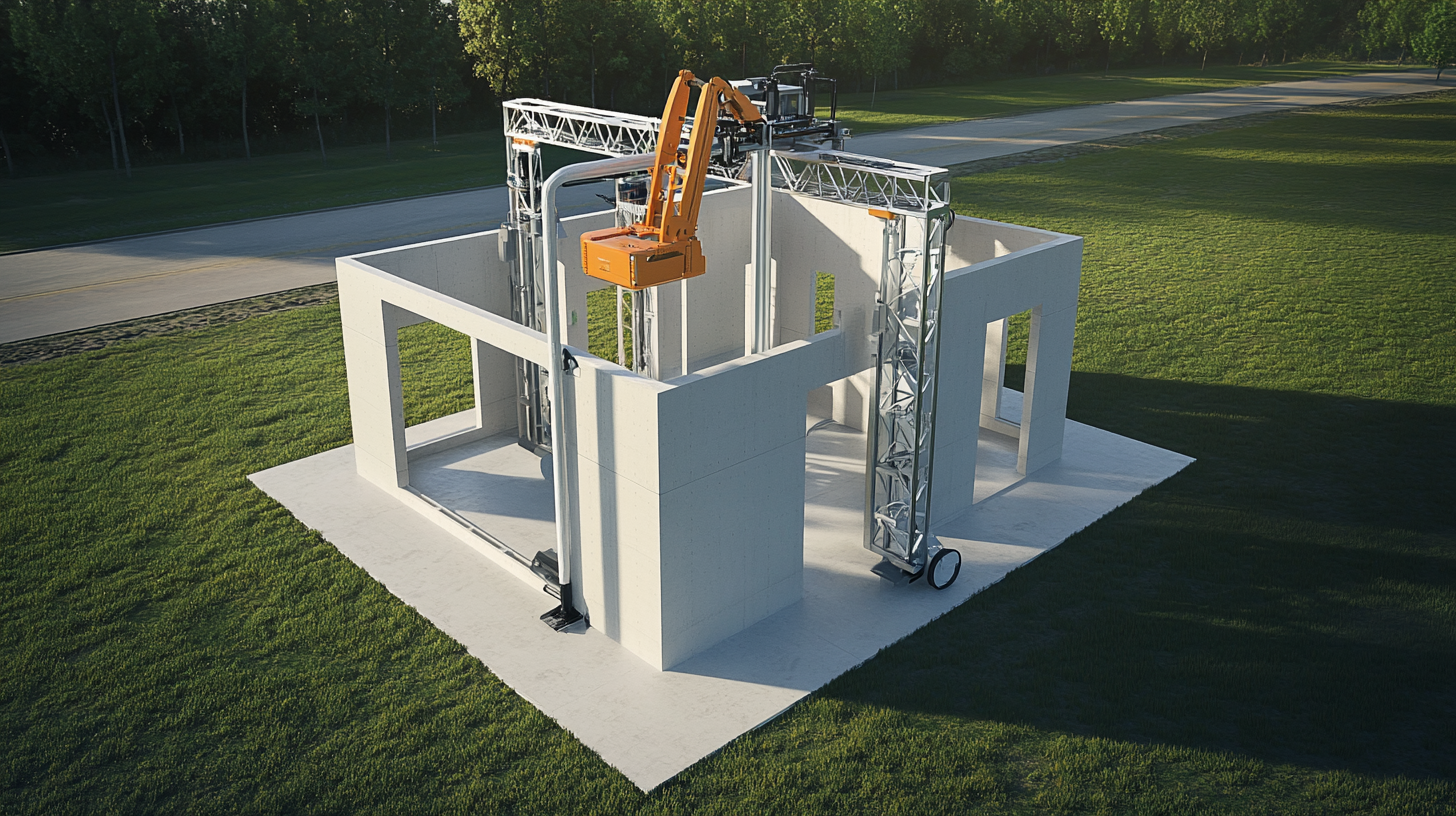 Large-scale 3D printer creating walls for an entire house, demonstrating new technology in the construction industry
