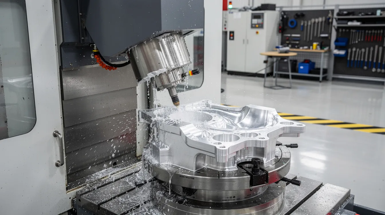 The image depicts a five-axis CNC milling machine actively cutting a complex aluminum aerospace bracket within a clean industrial workshop, showcasing the precision CNC machining capabilities essential for producing intricate aerospace components. This setup highlights the importance of specialized tooling in the aerospace industry for achieving tight tolerances and complex geometries.