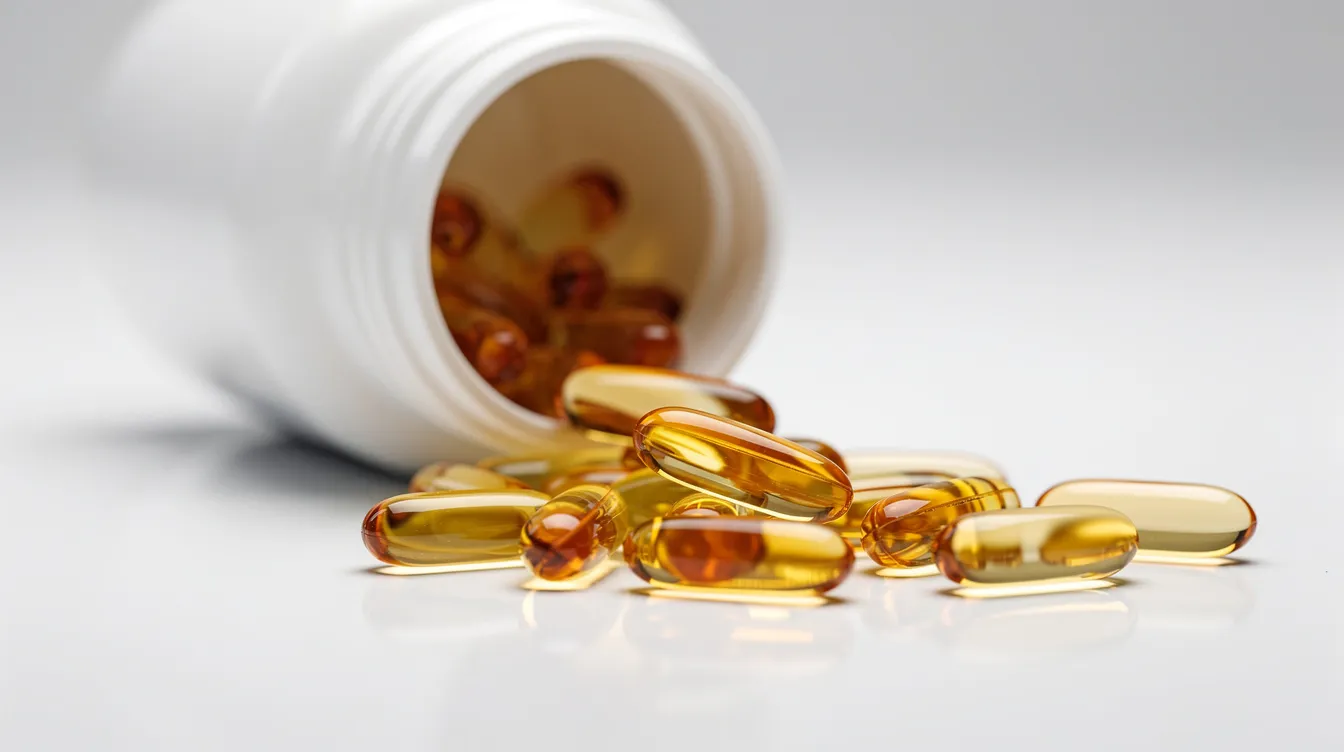 The image shows golden supplement capsules spilling from a bottle, symbolizing the potential health benefits of curcumin supplementation. These potent antioxidants are believed to aid in managing chronic inflammation and support the immune system, contributing to overall health and longevity.