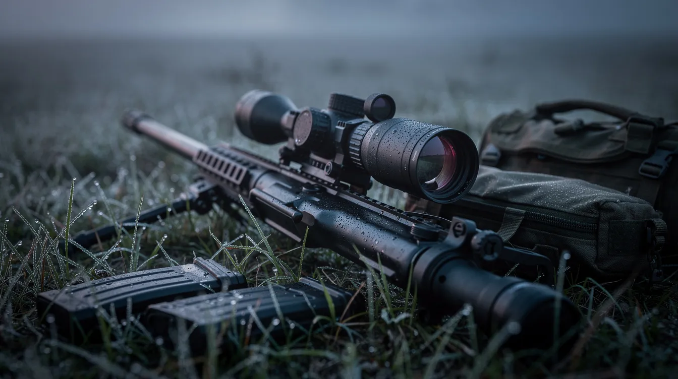 A thermal scope is mounted on a rifle and positioned beside various gear in the wet grass just before dawn. This setup highlights thermal imaging technology's ability to detect heat signatures, even in complete darkness, making it ideal for wildlife observation and search-and-rescue operations.
