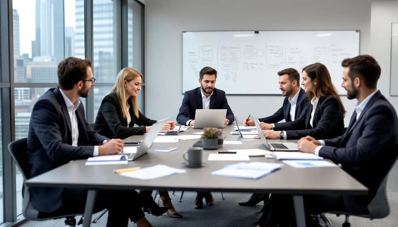 The image depicts a marketing manager and an experienced team engaged in a brainstorming session, focusing on understanding client needs to create tailored solutions for successful promotional marketing campaigns. They are discussing strategies to enhance brand loyalty and drive results for global brands through innovative and experiential marketing approaches.