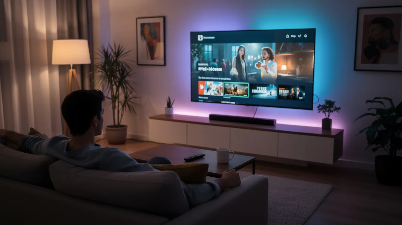 Una persona está disfrutando de contenido en streaming en un televisor grande ubicado en una sala moderna, iluminada con luces ambientales suaves. La escena refleja una experiencia de visualización cómoda y contemporánea, ideal para ver películas y canales de televisión en alta definición.
